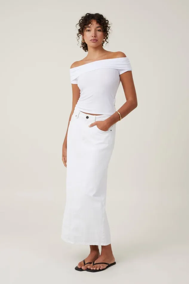 Women Tops Cotton On Staple Rib Off The Shoulder Short Sleeve Top White