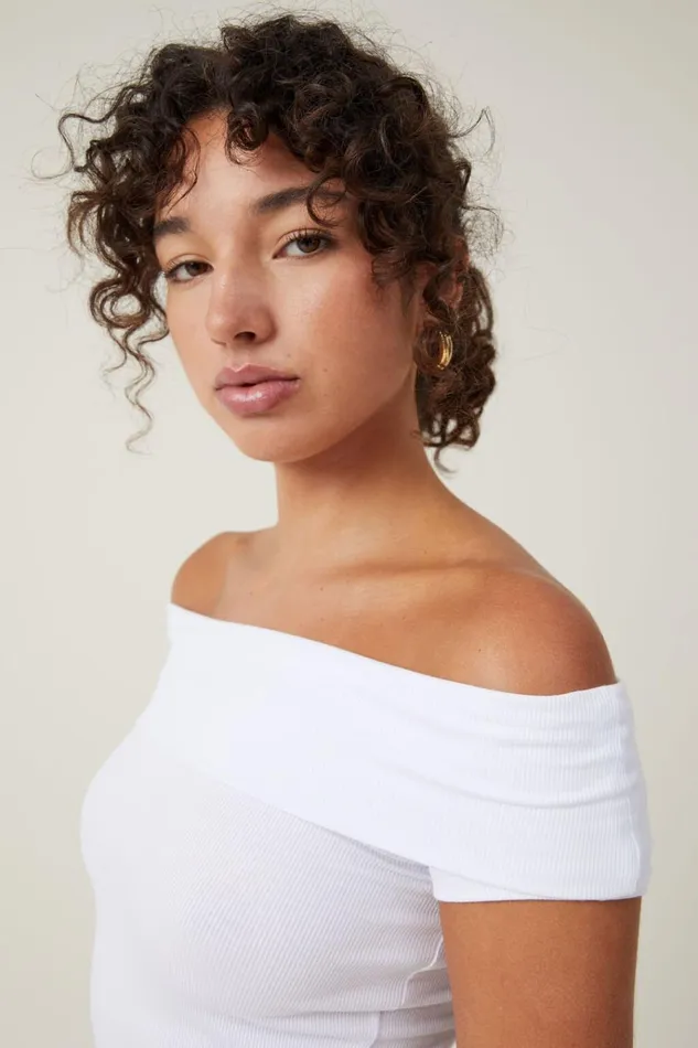 Women Tops Cotton On Staple Rib Off The Shoulder Short Sleeve Top White