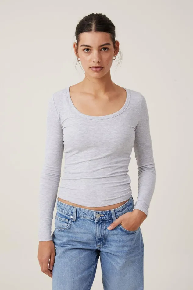 Women Tops Cotton On Staple Rib Scoop Neck Long Sleeve Top Grey Marle Ii