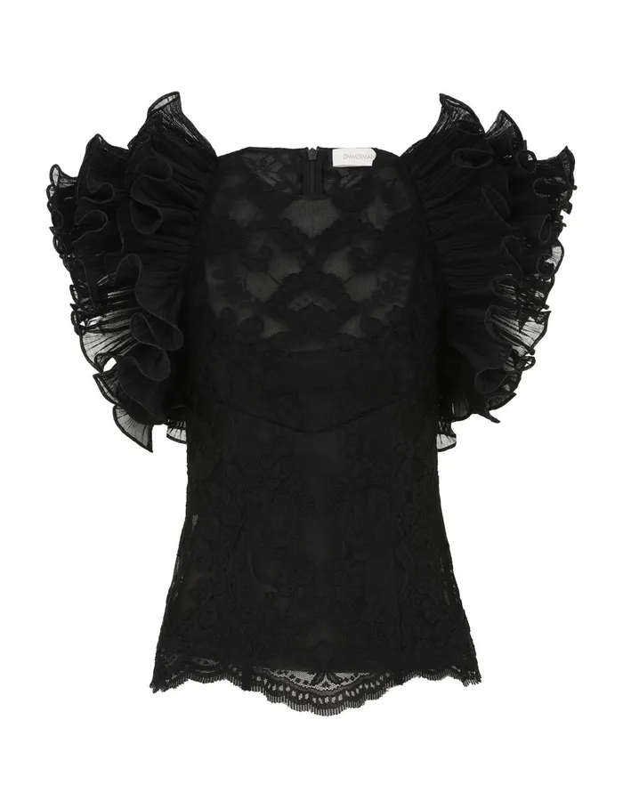 Women Tops Zimmermann Crush Lace Frill Bodice Black