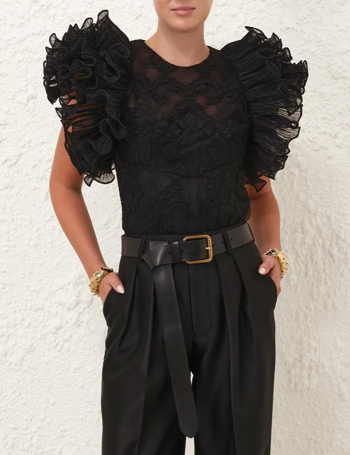 Women Tops Zimmermann Crush Lace Frill Bodice Black
