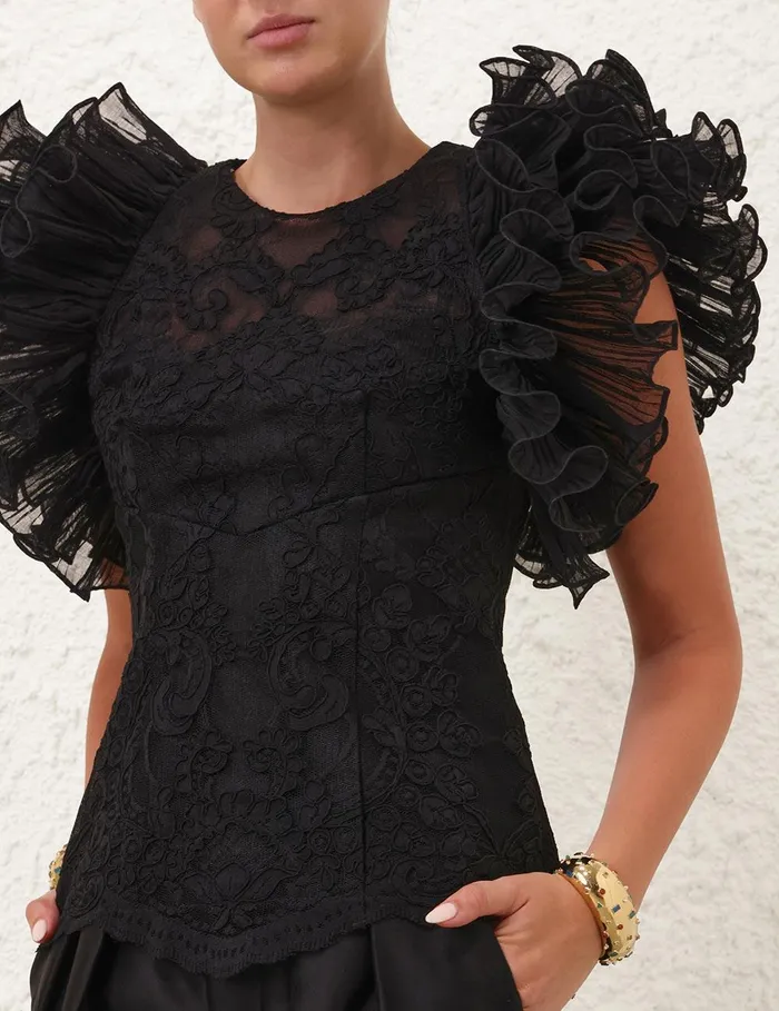 Women Tops Zimmermann Crush Lace Frill Bodice Black