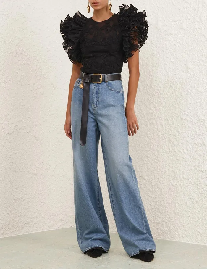 Women Tops Zimmermann Crush Lace Frill Bodice Black