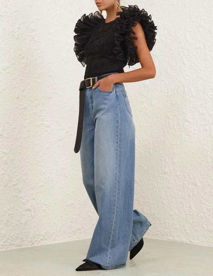 Women Tops Zimmermann Crush Lace Frill Bodice Black