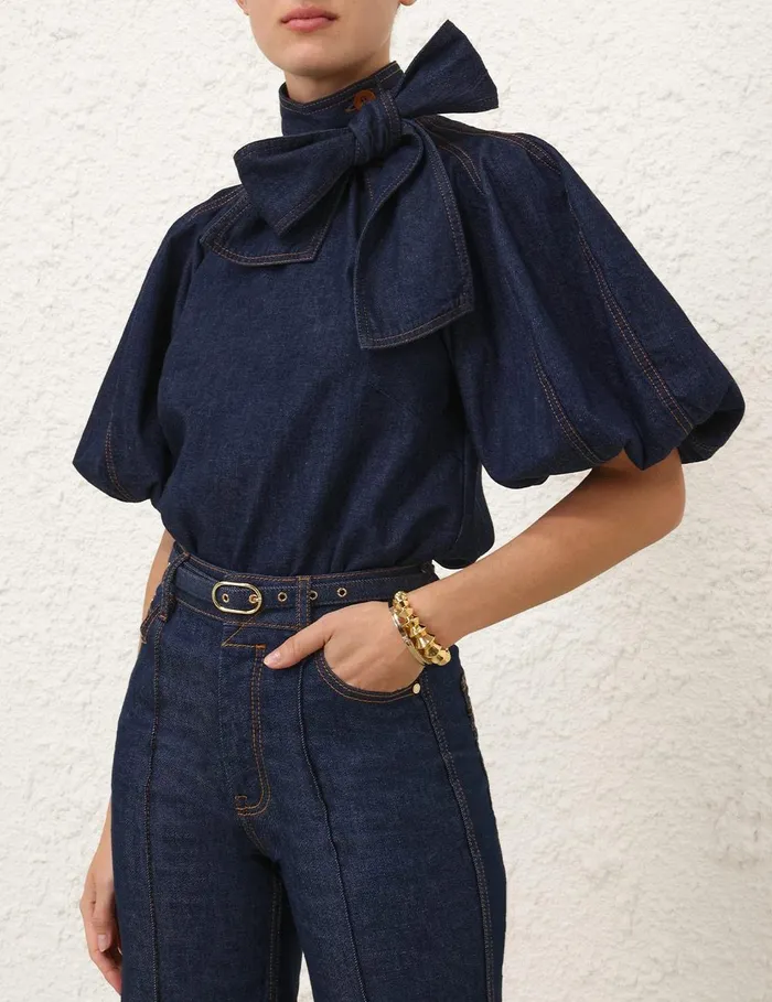Women Tops Zimmermann Illustration Tie Neck Blouse Ink