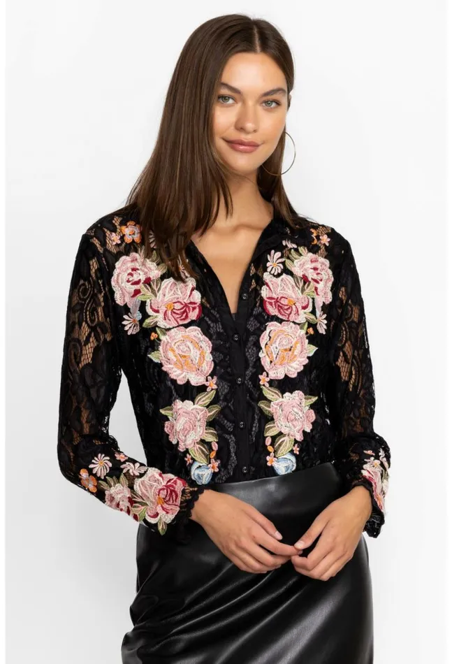 Women Veronne Lace Blouse Slip Black Johnny Was Tops