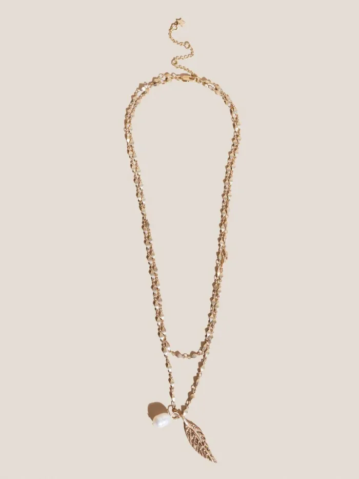 Women White Stuff Partywear Double Row Pearl Leaf Necklace Gold Tone Metallic
