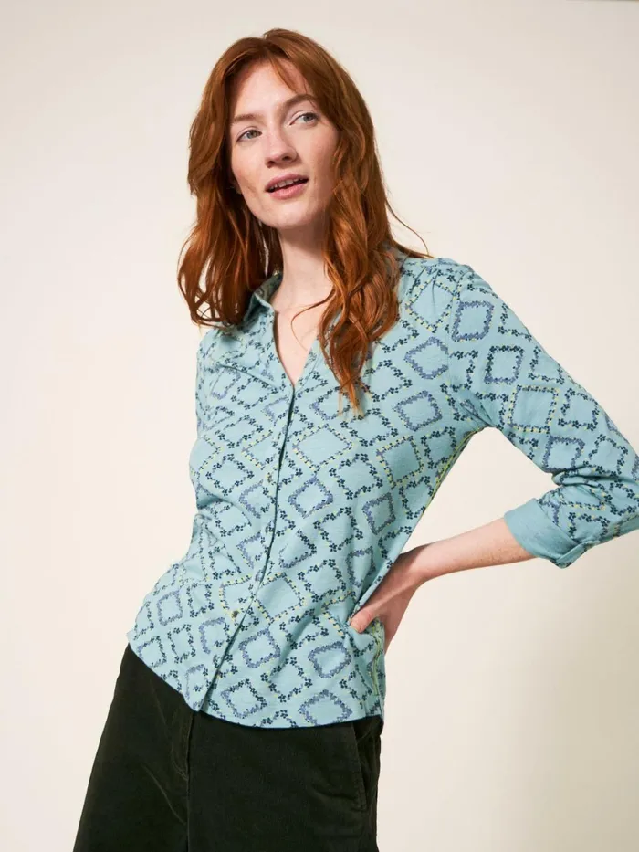Women White Stuff Shirts Blouses And Tunics Annie Cotton Jersey Shirt Teal Print Women White Stuff Shirts Blouses And Tunics Annie Cotton Jersey Shirt Teal Print