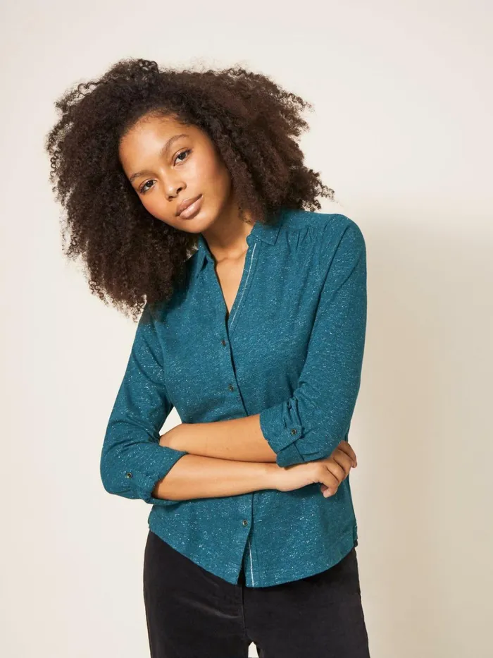 Women White Stuff Shirts Blouses And Tunics ANNIE SPARKLE SLIM FIT SHIRT Dk Teal