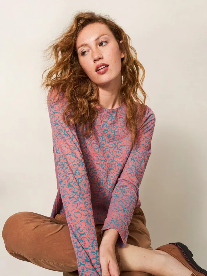 Women White Stuff Tops And Tshirts TIE HEM CREW NECK TOP Pink Print