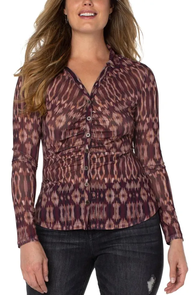 WOVEN TOPS Women Liverpool Los Angeles LONG SLEEVE MESH BUTTON FRONT KNIT Burgundy Ikat WOVEN TOPS Women Liverpool Los Angeles LONG SLEEVE MESH BUTTON FRONT KNIT Burgundy Ikat