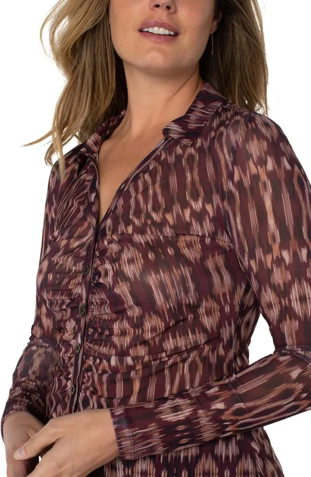 WOVEN TOPS Women Liverpool Los Angeles LONG SLEEVE MESH BUTTON FRONT KNIT Burgundy Ikat