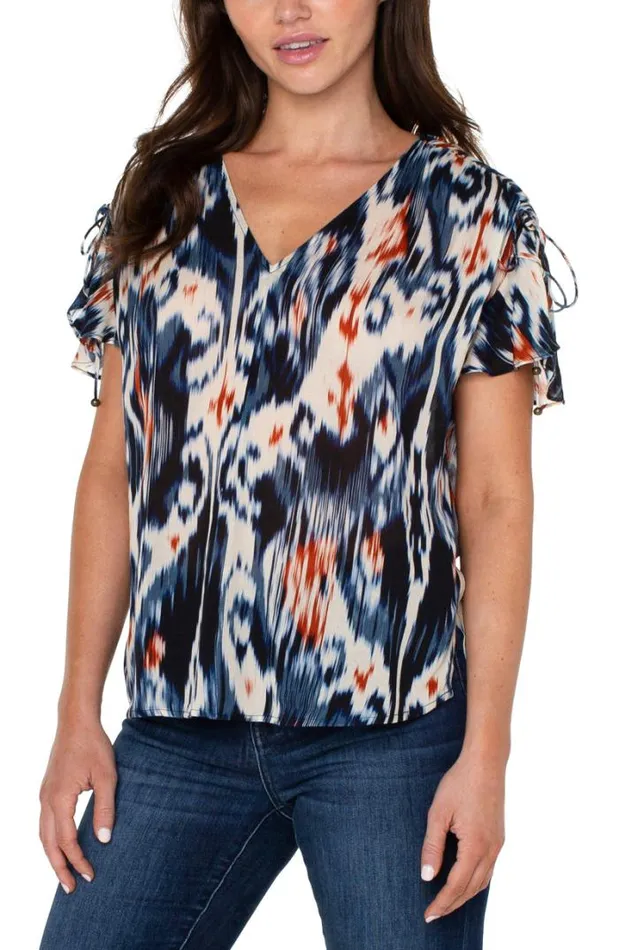 WOVEN TOPS Women Liverpool Los Angeles SHIRRED VNECK TOP WITH TIE DETAILS Allover Ikat WOVEN TOPS Women Liverpool Los Angeles SHIRRED VNECK TOP WITH TIE DETAILS Allover Ikat