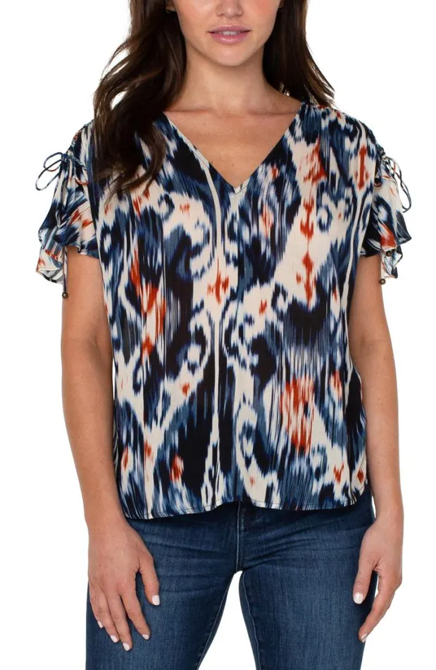 WOVEN TOPS Women Liverpool Los Angeles SHIRRED VNECK TOP WITH TIE DETAILS Allover Ikat